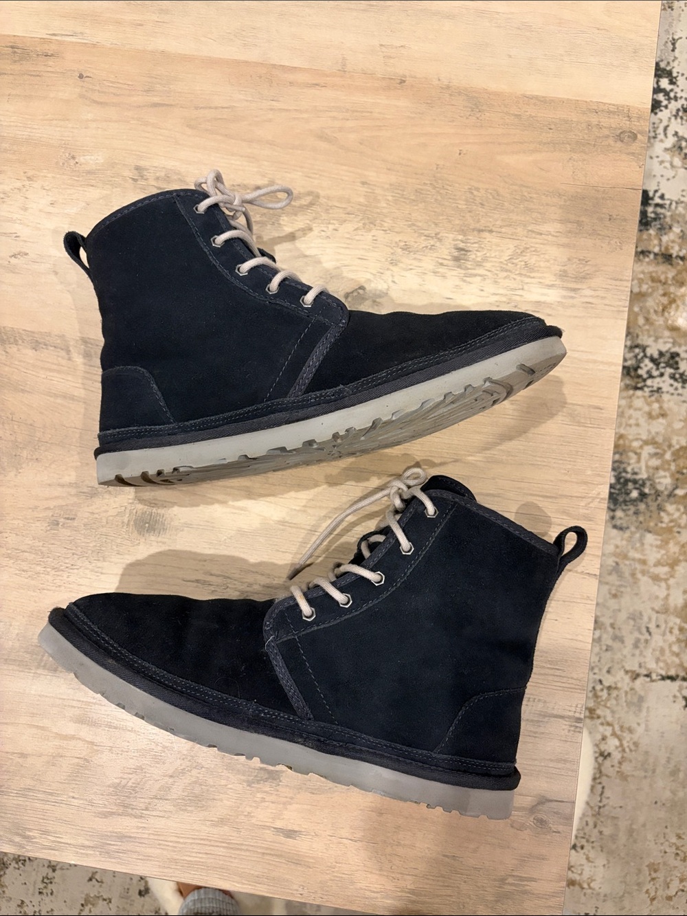 UGG Men's Navy Suede Chukka Boots with light grey laces and fur - Picture 4 of 10
